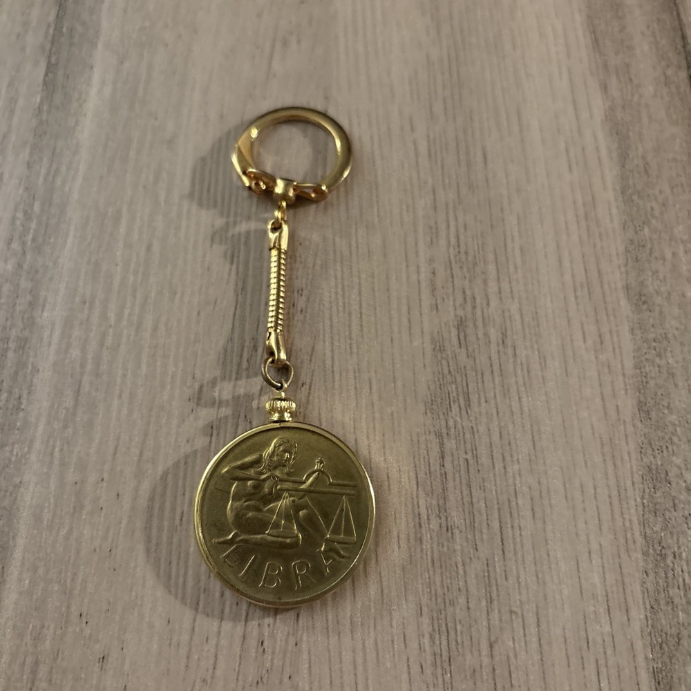 Vintage Libra Gold Toned Zodiac Coin Keychain Southern Comfort Astrology Gift